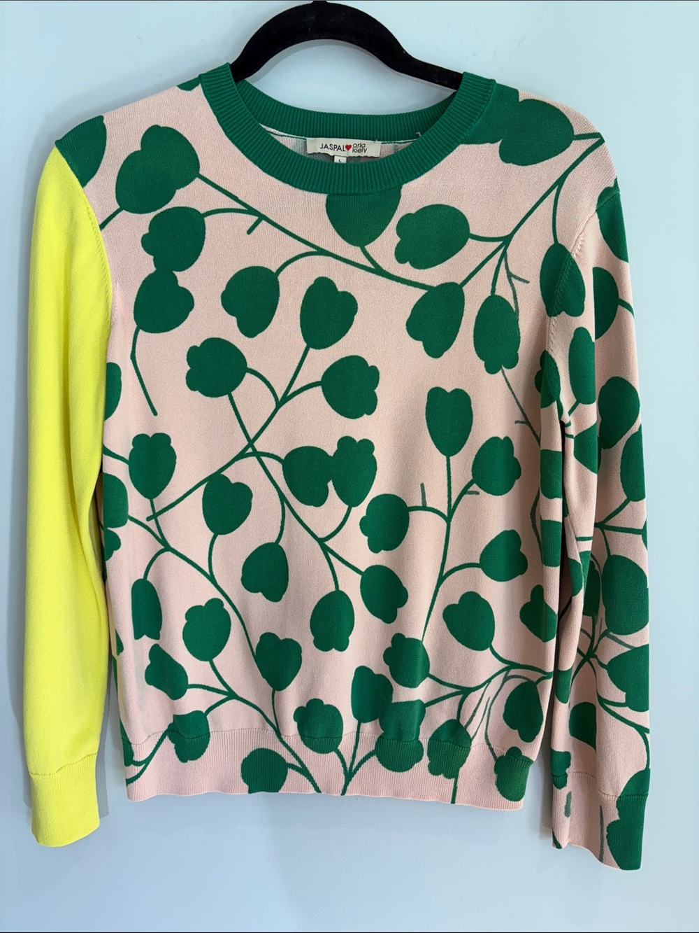 Orla Kiely Pink Crewneck Sweater with Green Floral Print and Yellow Sleeve